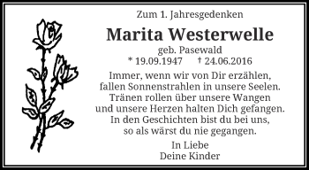 Traueranzeige von Marita Westerwelle von trauer.wuppertaler-rundschau.de