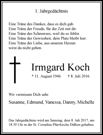 Traueranzeige von Irmgard Koch von trauer.extra-tipp-moenchengladbach.de