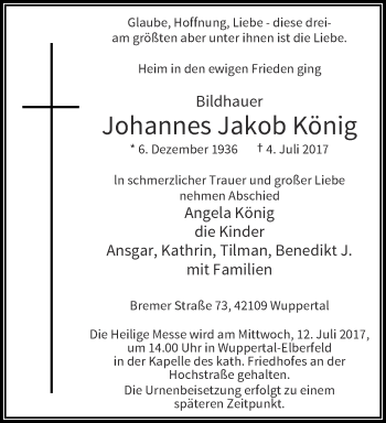 Traueranzeige von Johannes Jakob König von trauer.wuppertaler-rundschau.de