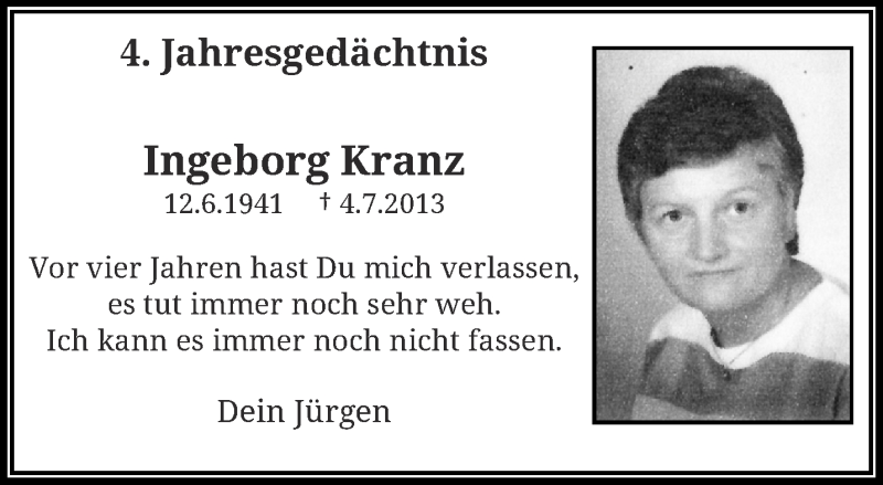  Traueranzeige für Ingeborg Kranz vom 08.07.2017 aus trauer.wuppertaler-rundschau.de