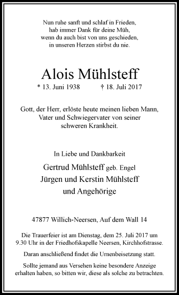 Traueranzeige von Alois Mühlsteff von trauer.extra-tipp-moenchengladbach.de