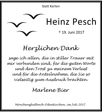 Traueranzeige von Heinz Pesch von trauer.extra-tipp-moenchengladbach.de