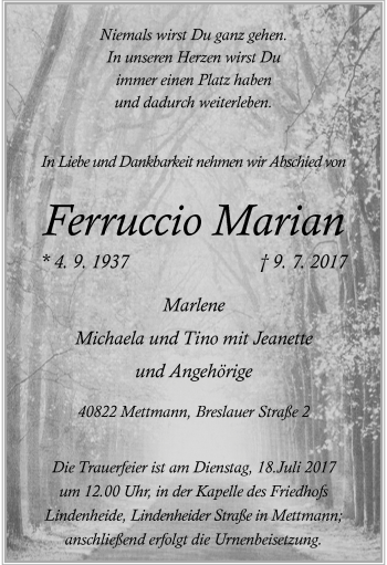 Traueranzeige von Ferruccio Marian von trauer.duesseldorfer-anzeiger.de