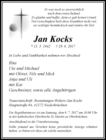 Traueranzeige von Jan Kocks von trauer.extra-tipp-moenchengladbach.de