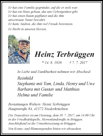 Traueranzeige von Heinz Terbrüggen von trauer.extra-tipp-moenchengladbach.de