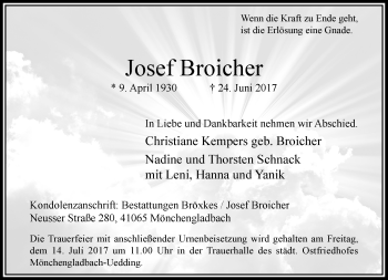 Traueranzeige von Josef Broicher von trauer.extra-tipp-moenchengladbach.de