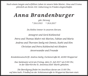 Traueranzeige von Anna Brandenburger von trauer.wuppertaler-rundschau.de