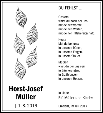 Traueranzeige von Horst-Josef Müller von trauer.extra-tipp-moenchengladbach.de