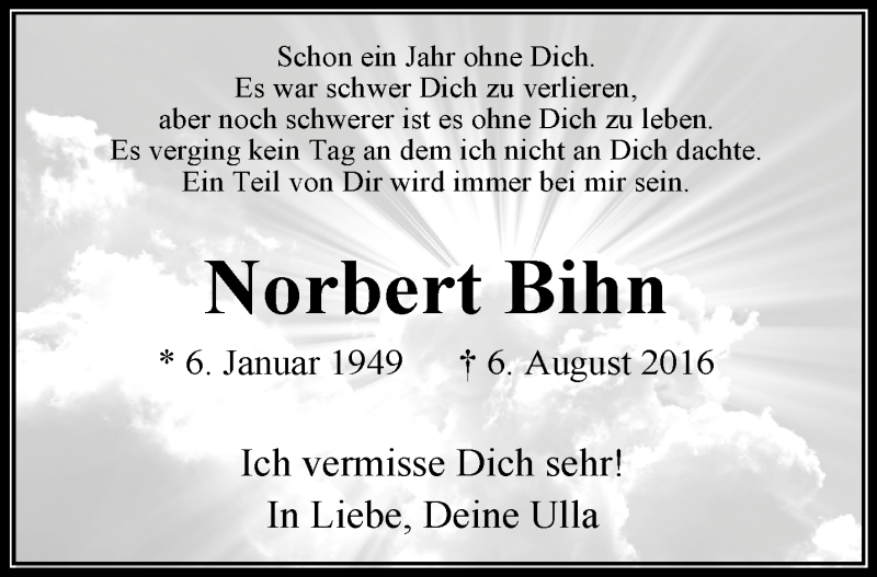  Traueranzeige für Norbert Bihn vom 06.08.2017 aus trauer.extra-tipp-moenchengladbach.de