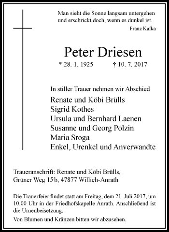 Traueranzeige von Peter Driesen von trauer.extra-tipp-moenchengladbach.de