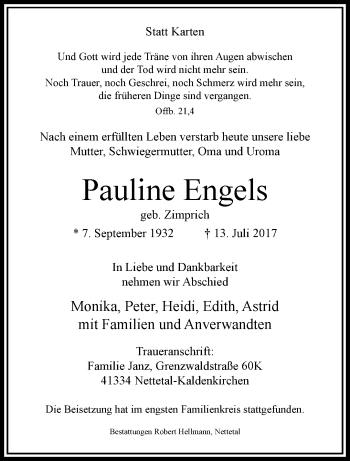 Traueranzeige von Pauline Engels von trauer.extra-tipp-moenchengladbach.de