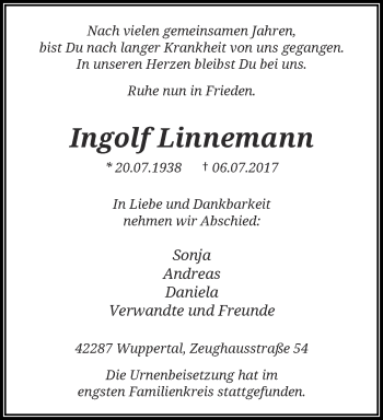 Traueranzeige von Ingolf Linnemann von trauer.wuppertaler-rundschau.de