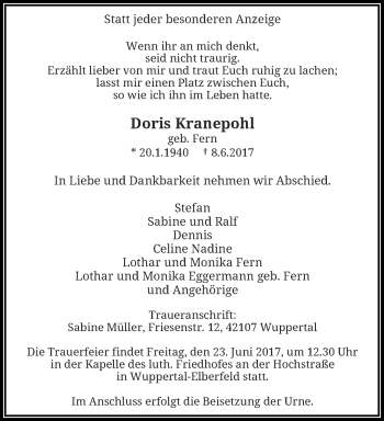 Traueranzeige von Doris Kranepohl von trauer.wuppertaler-rundschau.de