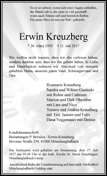 Traueranzeige von Erwin Kreuzberg von trauer.extra-tipp-moenchengladbach.de