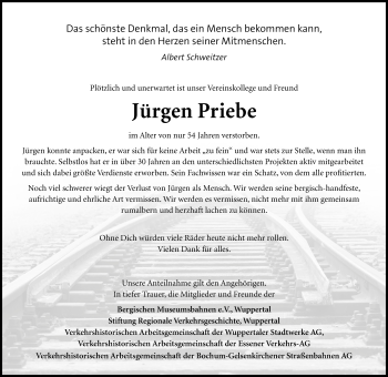 Traueranzeige von Jürgen Priebe von trauer.wuppertaler-rundschau.de