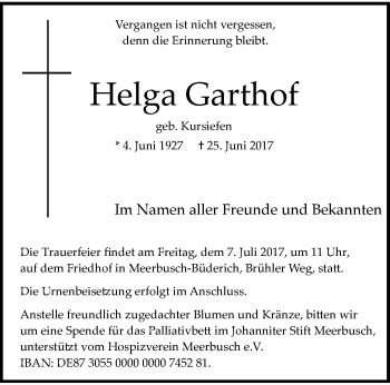 Traueranzeige von Helga Garthof von trauer.extra-tipp-moenchengladbach.de