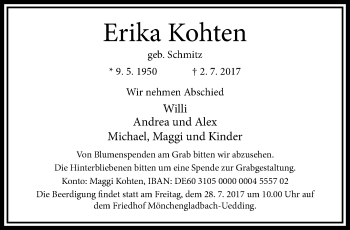 Traueranzeige von Erika Kohten von trauer.extra-tipp-moenchengladbach.de