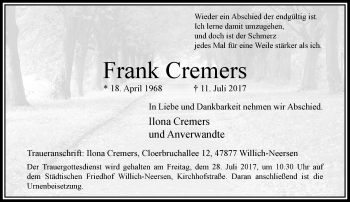 Traueranzeige von Frank Cremers von trauer.extra-tipp-moenchengladbach.de