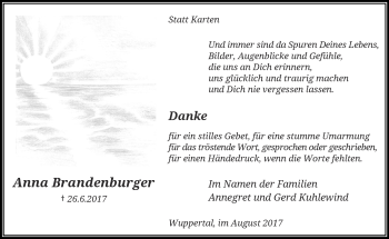 Traueranzeige von Anna Brandenburger von trauer.wuppertaler-rundschau.de