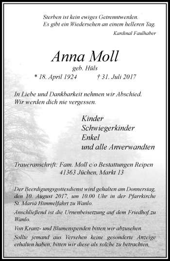 Traueranzeige von Anna Moll von trauer.extra-tipp-moenchengladbach.de