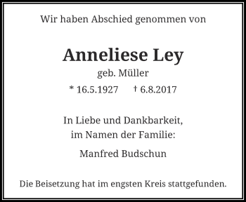 Traueranzeige von Anneliese Ley von trauer.wuppertaler-rundschau.de