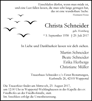 Traueranzeige von Christa Schneider von trauer.wuppertaler-rundschau.de