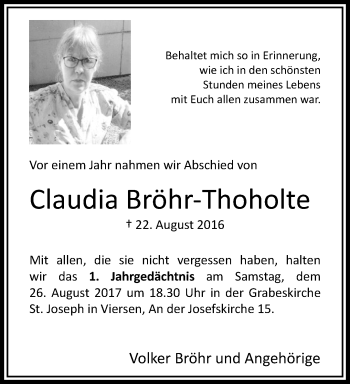 Traueranzeige von Claudia Bröhr-Thoholte von trauer.extra-tipp-moenchengladbach.de