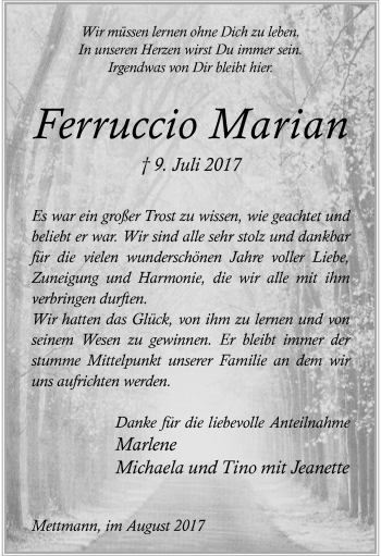 Traueranzeige von Ferruccio Marian von trauer.duesseldorfer-anzeiger.de