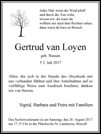 Traueranzeige von Gertrud van Loyen von trauer.extra-tipp-moenchengladbach.de