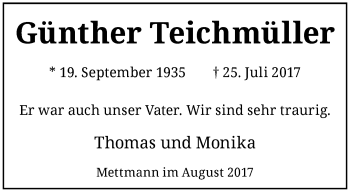 Traueranzeige von Günther Teichmüller von trauer.duesseldorfer-anzeiger.de