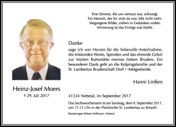 Traueranzeige von Heinz-Josef Moers von trauer.extra-tipp-moenchengladbach.de