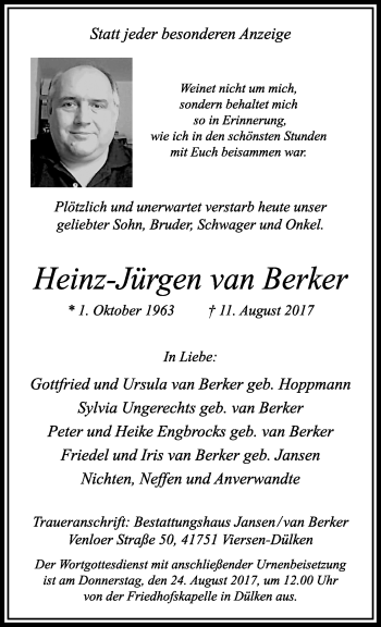Traueranzeige von Heinz-Jürgen van Berker von trauer.extra-tipp-moenchengladbach.de