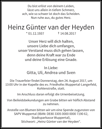 Traueranzeige von Heinz Günter van der Heyden von trauer.wuppertaler-rundschau.de