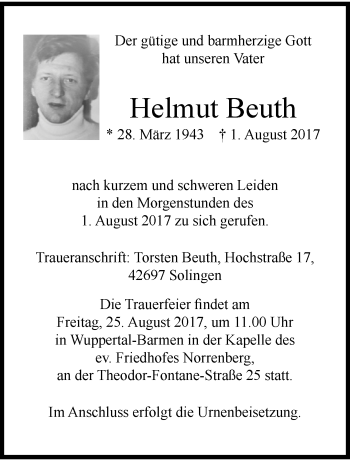 Traueranzeige von Helmut Beuth von trauer.wuppertaler-rundschau.de