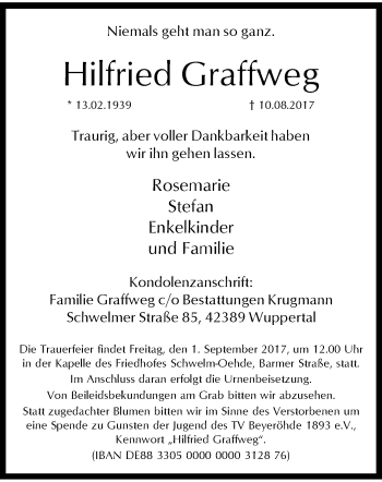 Traueranzeige von Hilfried Graffweg von trauer.wuppertaler-rundschau.de