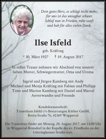 Traueranzeige von Ilse Isfeld von trauer.wuppertaler-rundschau.de