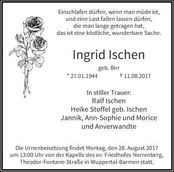 Traueranzeige von Ingrid Ischen von trauer.wuppertaler-rundschau.de