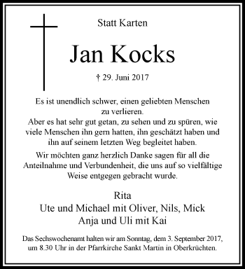 Traueranzeige von Jan Kocks von trauer.extra-tipp-moenchengladbach.de