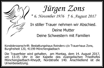 Traueranzeige von Jürgen Zons von trauer.extra-tipp-moenchengladbach.de
