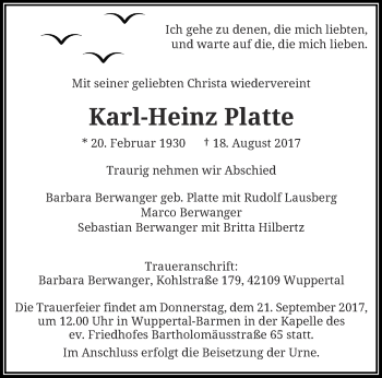 Traueranzeige von Karl-Heinz Platte von trauer.wuppertaler-rundschau.de