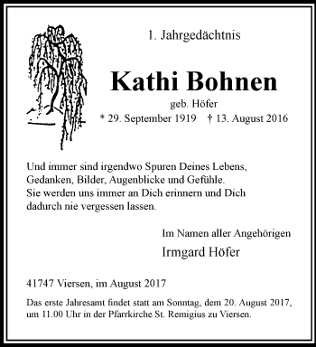 Traueranzeige von Kathi Bohnen von trauer.extra-tipp-moenchengladbach.de