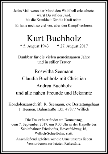 Traueranzeige von Kurt Buchholz von trauer.extra-tipp-moenchengladbach.de