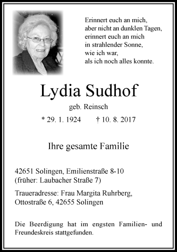 Traueranzeige von Lydia Sudhof von trauer.duesseldorfer-anzeiger.de