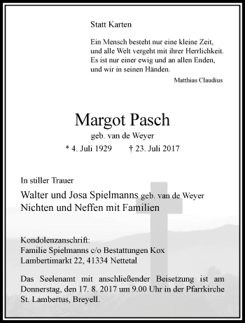 Traueranzeige von Margot Pasch von trauer.extra-tipp-moenchengladbach.de