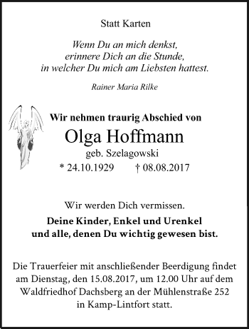 Traueranzeige von Olga Hoffmann von trauer.stadt-panorame.de