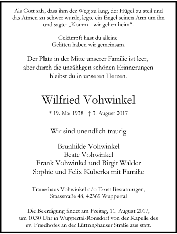 Traueranzeige von Wilfried Vohwinkel von trauer.wuppertaler-rundschau.de