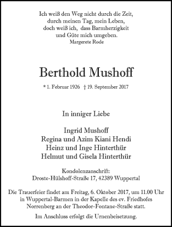 Traueranzeige von Berthold Mushoff von trauer.wuppertaler-rundschau.de