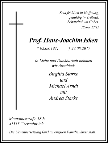 Traueranzeige von Hans-Joachim Isken von trauer.extra-tipp-moenchengladbach.de