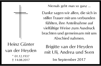 Traueranzeige von Heinz Günter van der Heyden von trauer.wuppertaler-rundschau.de