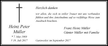 Traueranzeige von Heinz Peter Müller von trauer.stadt-kurier.de